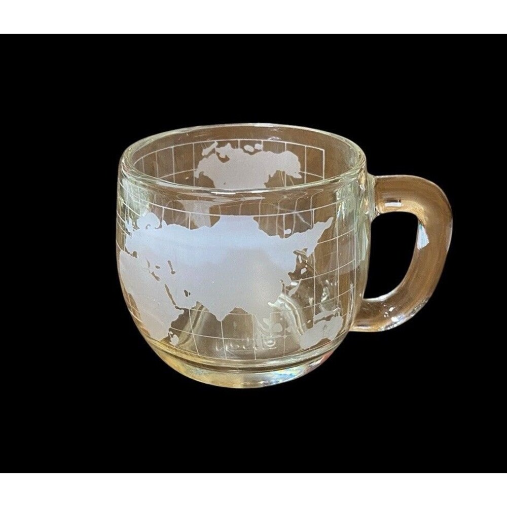 Vintage Nescafe World Globe Glass Mug Clear Etched Nestle Coffee Cup 1970s
